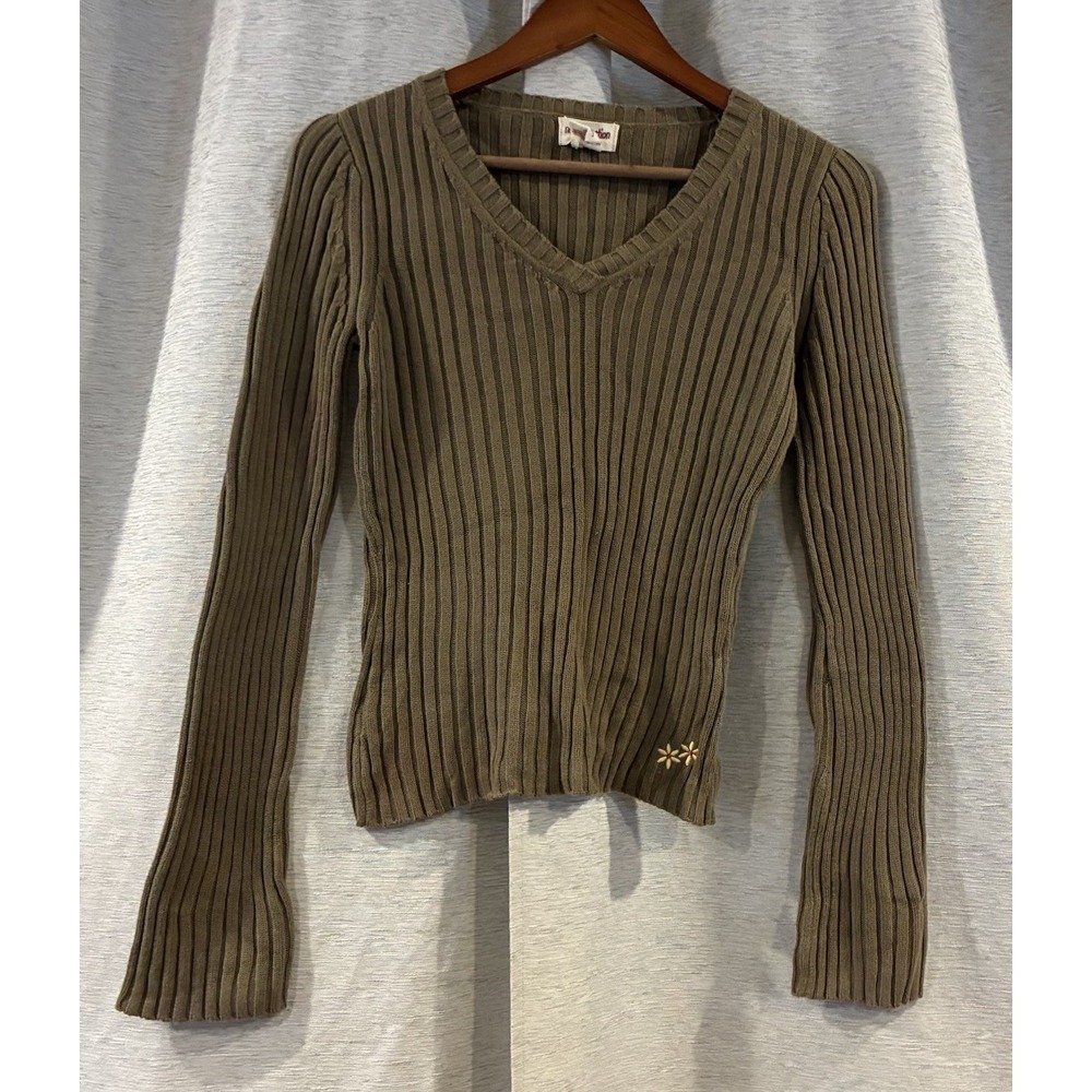New Direction Vintage Y2K Brown Ribbed Knit V-Neck Cotton Sweater Medium